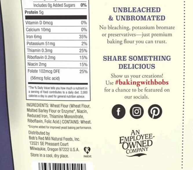 Bob's Red Mill flour label listing malted barley flour or enzyme