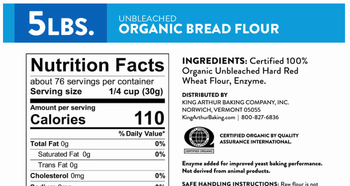 King Arthur Organic Bread Flour label listing enzyme as an ingredient
