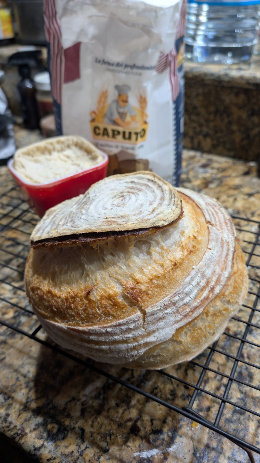 Close view of the sourdough boule showing its ear and scored crust