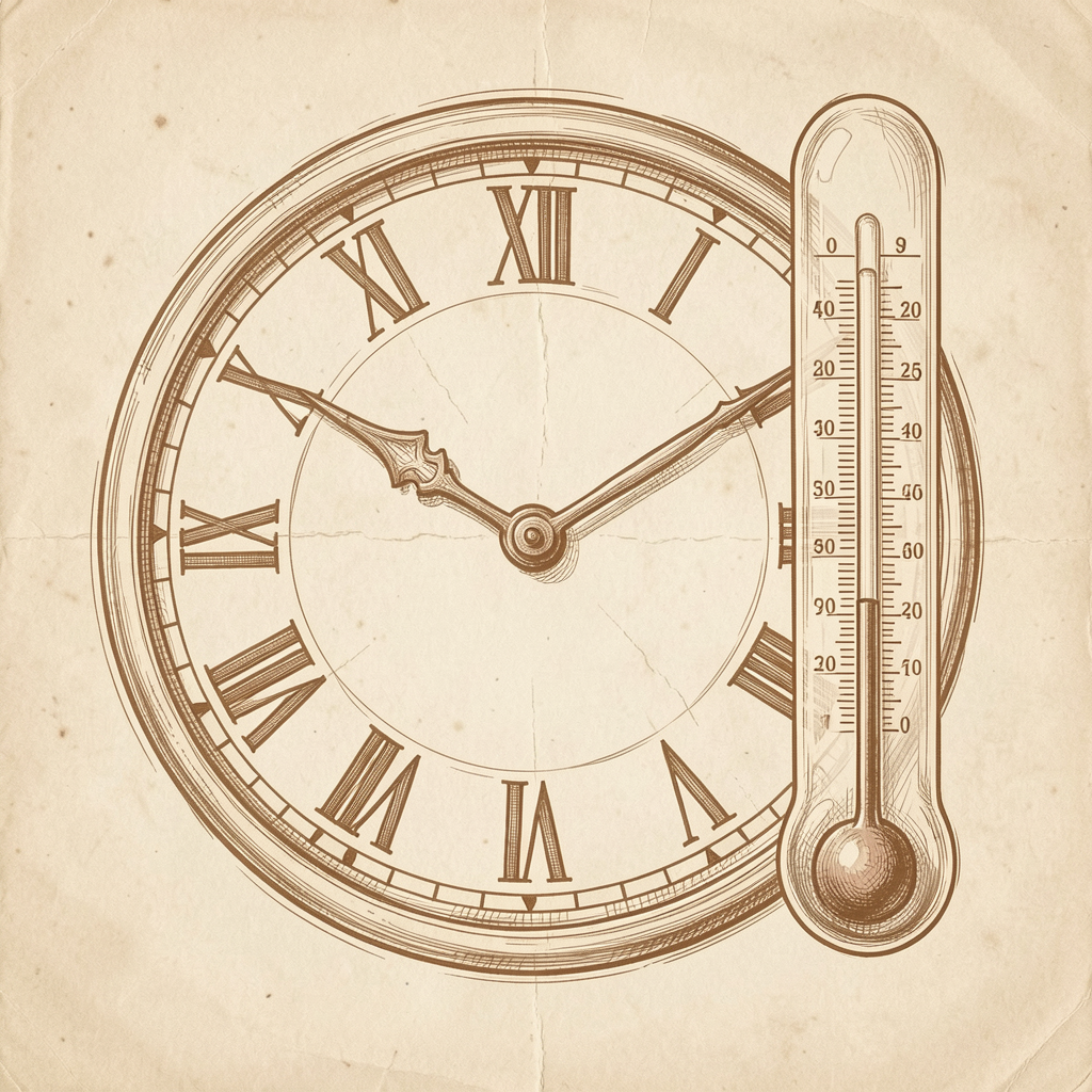 Decorative sketch of an analog clock and thermometer