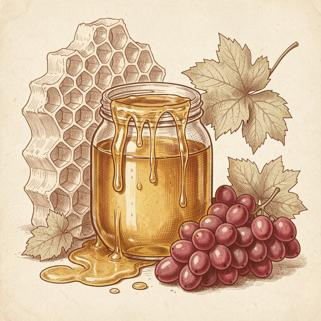 Decorative sketch of honeycomb, honey jar, and ripe grapes