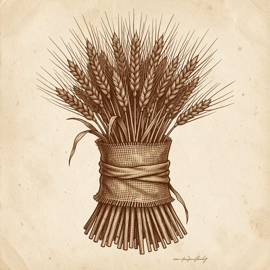 Decorative sketch of wheat stalks bundled with burlap cloth